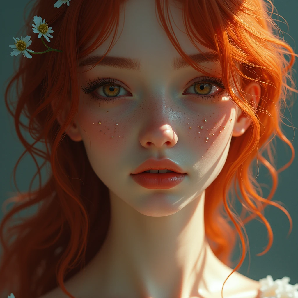 A girl with pure devine pale skin, deep red hair and a primrose tattoo on her face