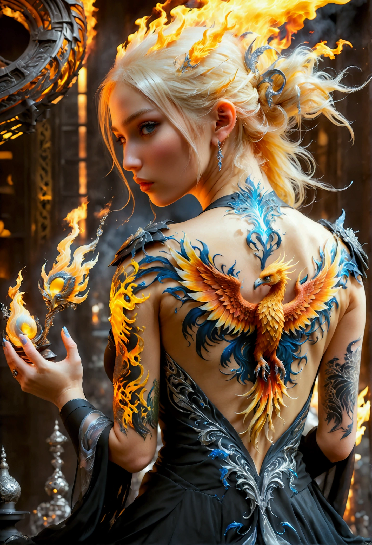 watercolor art, fantasy art, goth art, a picture of a tattoo on the back of a female elf, a glowing tattoo of a ((phoenix: 1.3)) on the elf's back, the ((phoenix tattoo)) is vivid, intricate detailed coming to life from the ink to real life, ((fire surrounds the phoenix: 1.5)), shoot taken from the back, ((the back is visible: 1.3), a most beautiful elf, exquisite beauty, small pointed ears, long hair, she wears a transparent black dress, the dress is elegant, flowing, elven style, that the tattoos glow, blond hair color, dynamic hair style, cinematic light, High Detail, Ultra High Quality, High Resolution, 16K Resolution, Ultra HD Pictures, 3D rendering Ultra Realistic, Clear Details, Realistic Detail, Ultra High Definition,Comistyle, faize, art by mooncryptowow