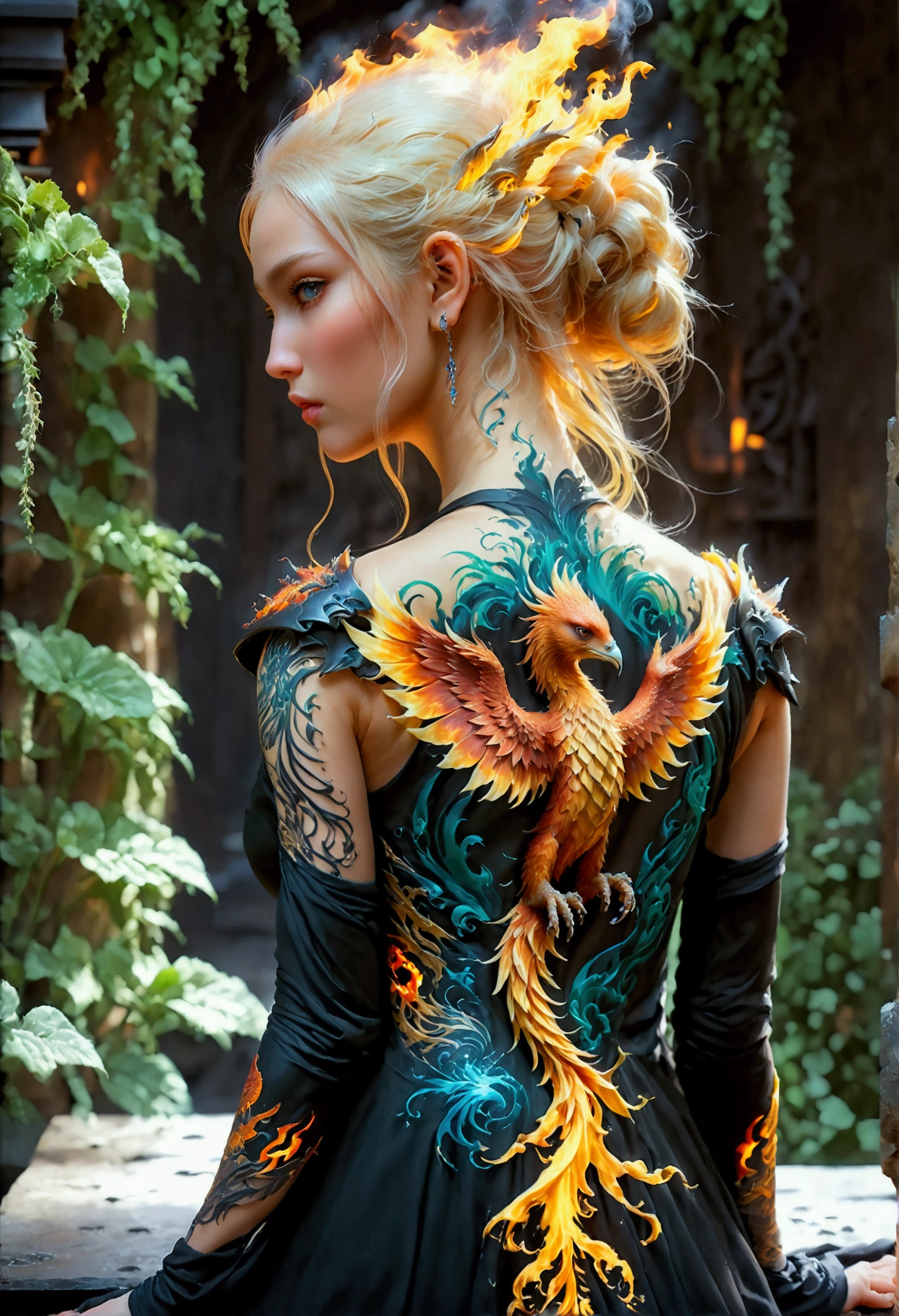 watercolor art, fantasy art, goth art, a picture of a tattoo on the back of a female elf, a glowing tattoo of a ((phoenix: 1.3)) on the elf's back, the ((phoenix tattoo)) is vivid, intricate detailed coming to life from the ink to real life, ((fire surrounds the phoenix: 1.5)), shoot taken from the back, ((the back is visible: 1.3), a most beautiful elf, exquisite beauty, small pointed ears, long hair, she wears a transparent black dress, the dress is elegant, flowing, elven style, that the tattoos glow, blond hair color, dynamic hair style, cinematic light, High Detail, Ultra High Quality, High Resolution, 16K Resolution, Ultra HD Pictures, 3D rendering Ultra Realistic, Clear Details, Realistic Detail, Ultra High Definition,Comistyle, faize, art by mooncryptowow