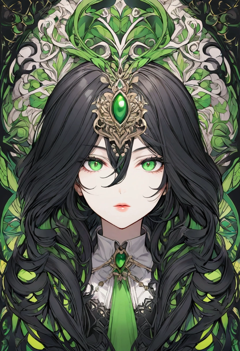 Garçon blanc avec une chemise noire et une cravate noire avec des motifs dessus blanc, avec de très longs cheveux un regard noir avec un œil vert