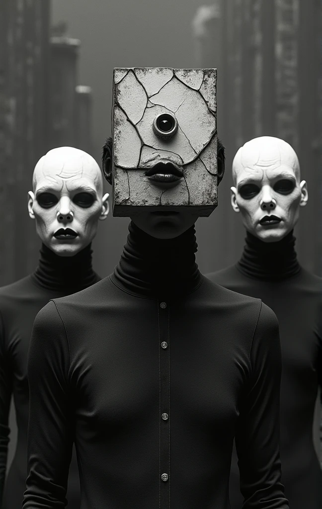 ((Very old photograph in sepia tone only)), Surreal, monochrome image featuring three individuals with unique and striking appearances. The three figures have a large, (LeMarchand Cube Puzzle)-like structure covering their head, (with a single prominent eye in the middle: 1.2). Their skin is pale and they have dark, bold lips. The texture of their clothing appears rough and uneven. Flanking this central figure are two bald individuals with cracked, porcelain-like skin, giving them a doll-like appearance. The background is a dark, surreal and textured landscape, enhancing the creepy and supernatural atmosphere of the scene, horrified, terrified, insane, disgusting, disturbing, disturbing, shocking, vintage, old film, (inspired by Zdzislaw Beksinski and Wayne Barlowe), cgsociety, 1920s, art deco, 1920s, hyper detailed, 1920s Hellraiser film, digital illusions, retrofuturistic, cyberspace, photorealistic, artistic visuals inspired by Fritz Lang. ((motion picture film)), Ultra detailed, chiaroscuro, RAW photo, cinematic, artstation style, concept art, masterpiece, 8k, black and white, realistic textures, 3d rendering