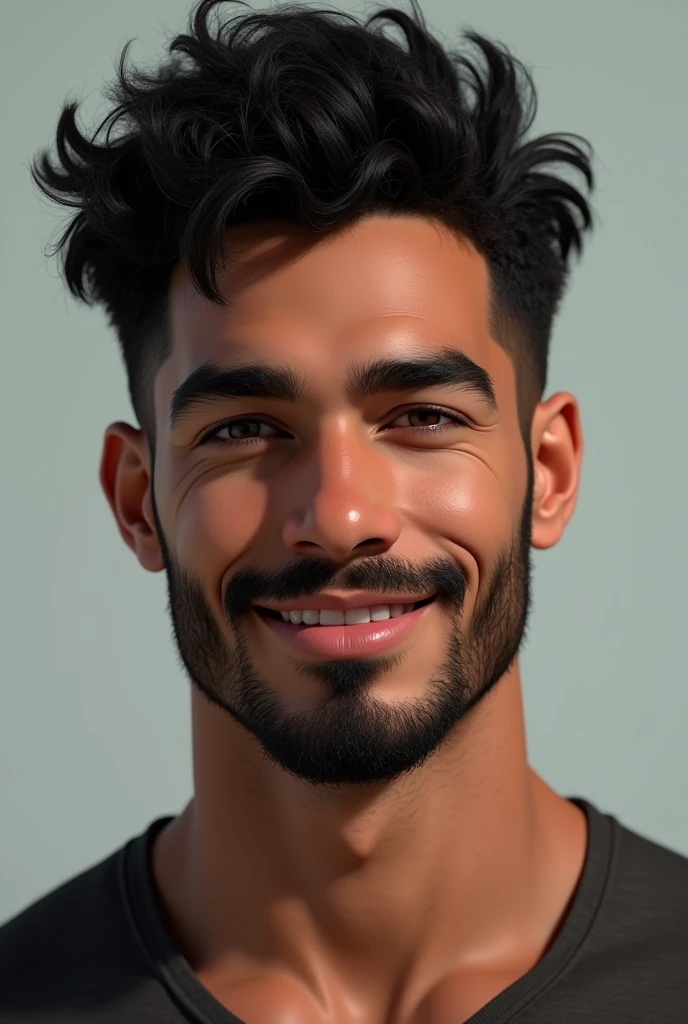 curly hair mixed race symmetrical face muscular dimples nice smile mouth quite big mustache light eyebrow thick but not too much 
