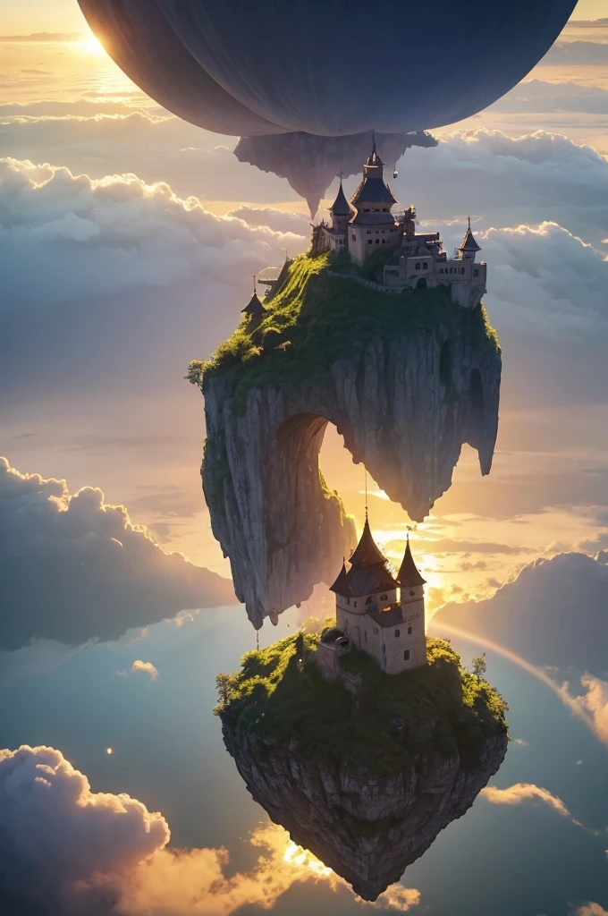 A fantastic floating island floating in the air。Floating Island is a Ghibli movie『Laputa: Castle in the Sky』With a design like、Covered in lush nature、Ancient ruins dot the land。Particles of light dance in the air、A warm light is floating。The sky is dyed in a soft sunset、Thin clouds float。The whole place is enveloped in a fantastical and mysterious atmosphere.。