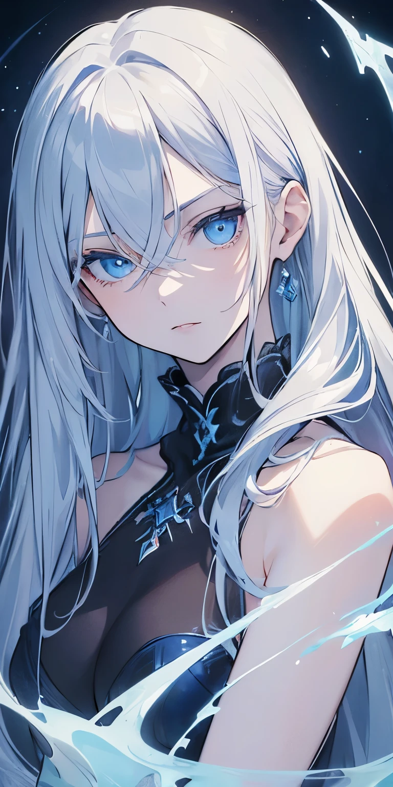 (masterpiece:1.4), (best quality:1.4), very detailed, convoluted, very detailed, (perfect face), illustration,cold lighting, saturated_body,sky blue eyes,blue long straight hair,,White skin,vampire,face,all bady,"An area/place surrounded by marble on all sides","With a serious expression.""A beautiful appearance."