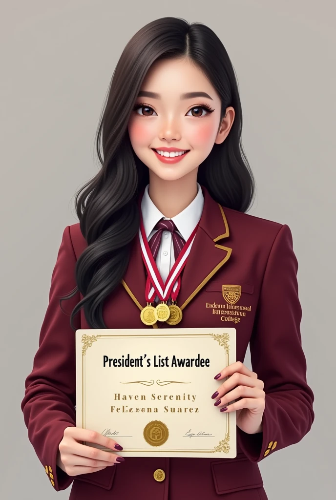 "A pretty lady wearing a maroon uniform with 'Enderun International College' on it is holding a certificate that reads 'President's List Awardee.' With her name Haven Serenity Felizeiana Suarez. She is also wearing three medals and smiling at the camera."