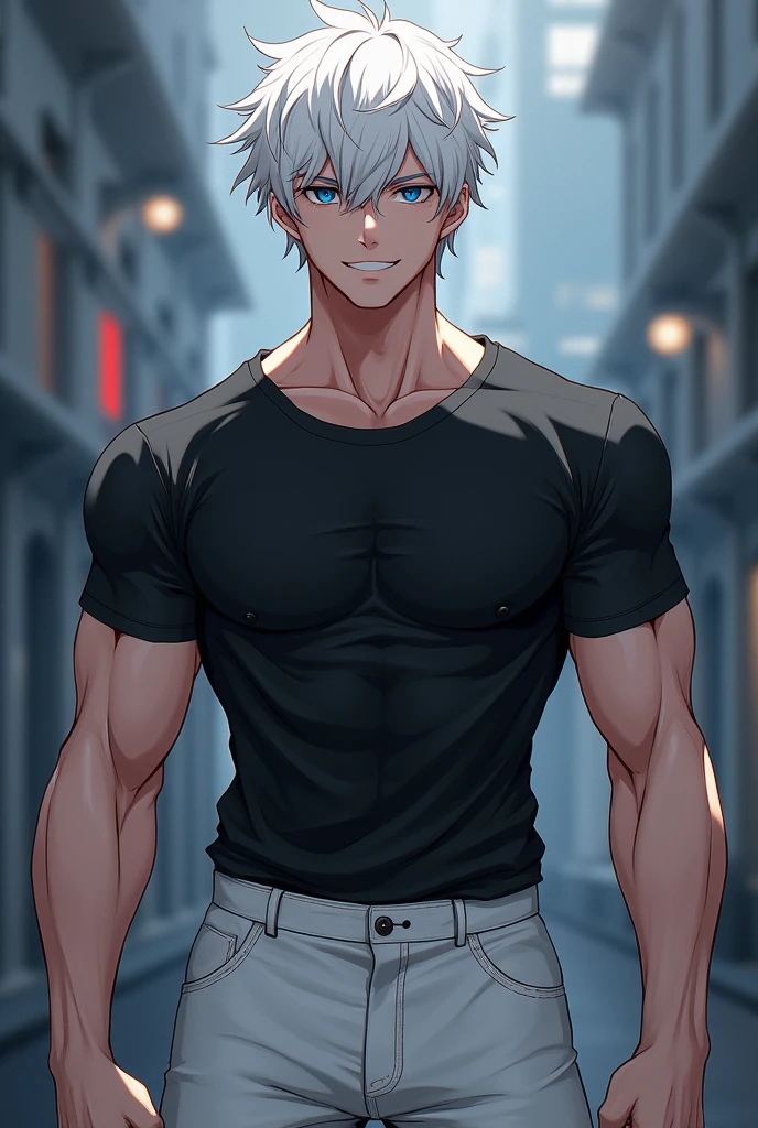 A man of intelligence and beauty with six eyes, white mash hair, and a black T-shirt、He was wearing white knickerbockers and was really handsome.、He&#39;s a muscular man, about 2, with a  and an anime-like face.、Super strong Gojo Satoru