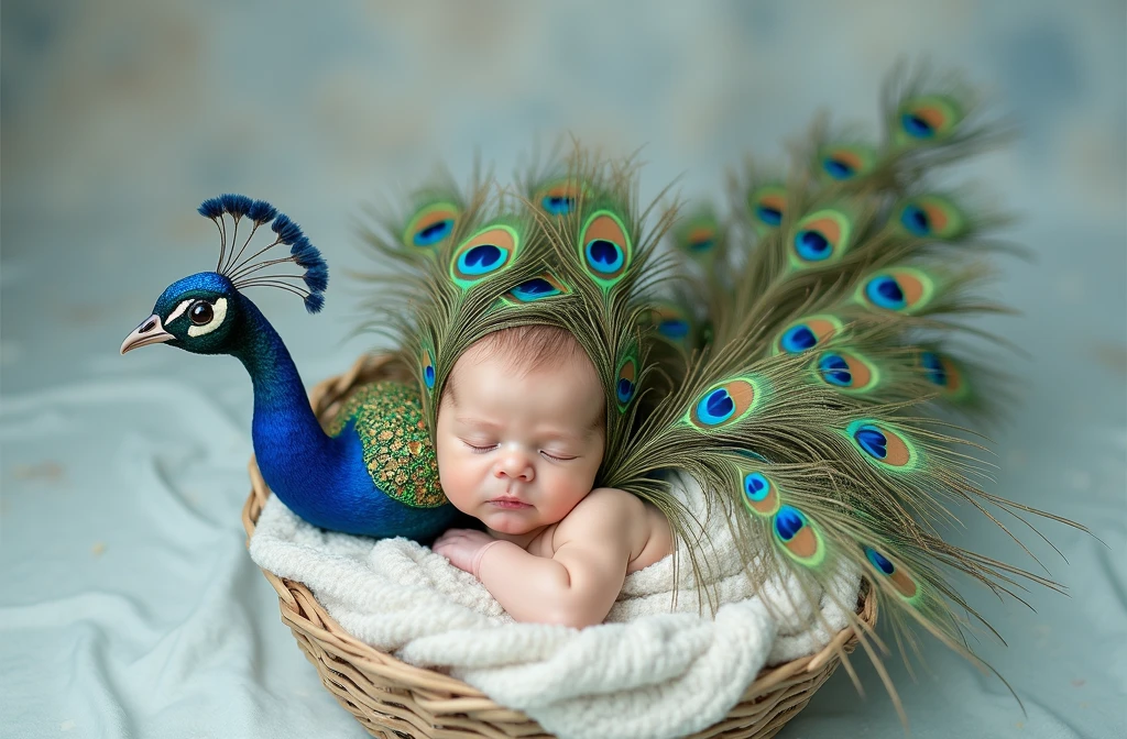 araffe baby in a nest with a peacock tail, a picture inspired by Anne Geddes, shutterstock contest winner, dada, full costume, peacock feather wrap the head, costume, whole body photography, peacock, 9 brilliant peacock tails, 9 peacock tails, dream creature costumes, national geographic photoshoot