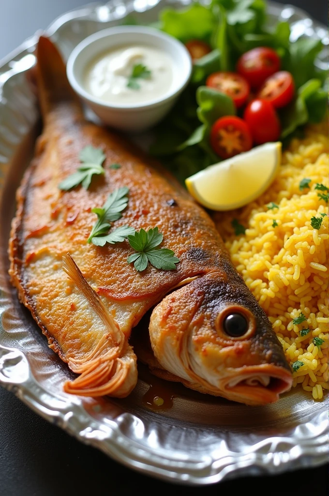 Fry whole fish with yellow rice and salad and white chili sauce and slice of lemon on aluminum plat 