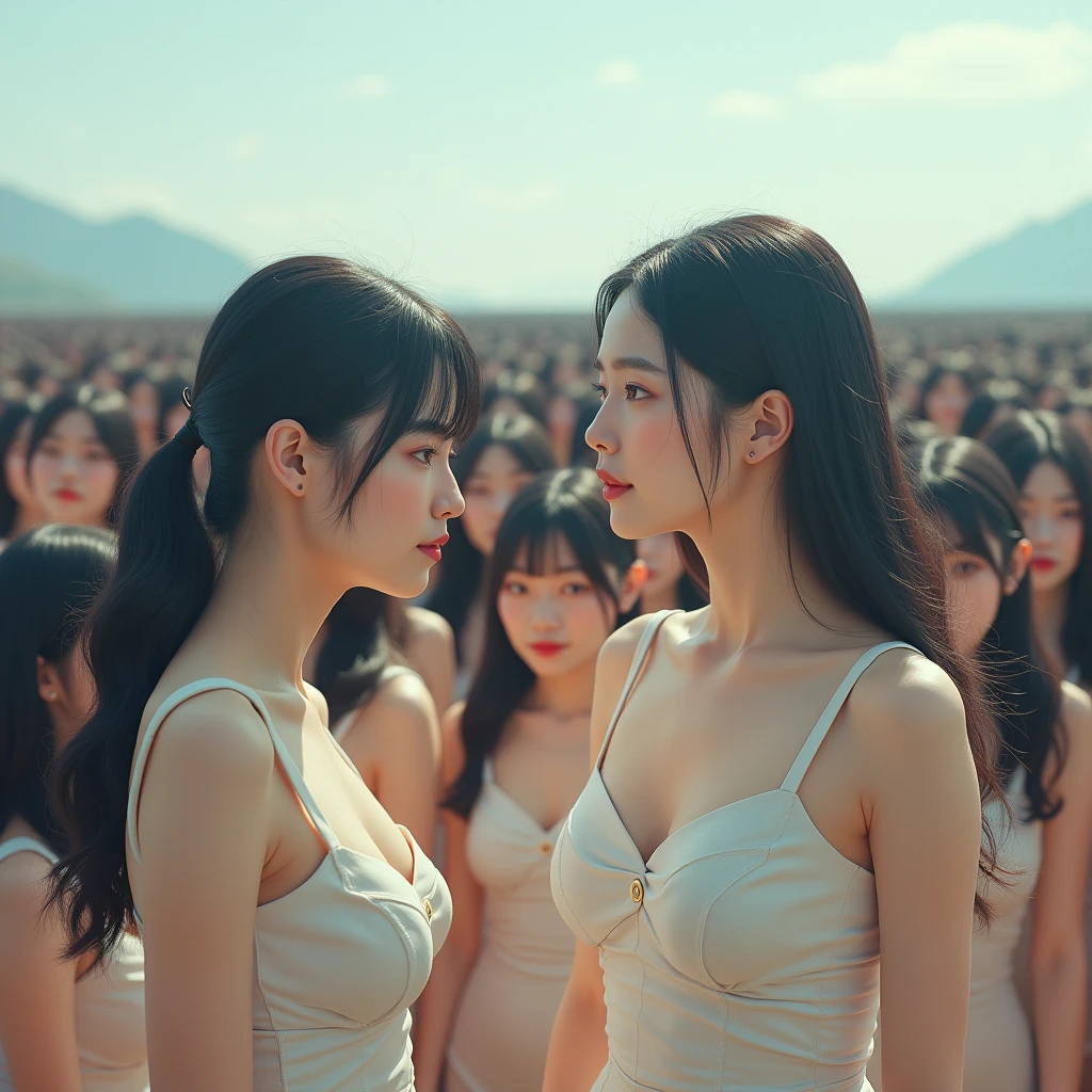 (((((Japanese Clone girls=Myself)))))), (((Best Super High quality Myself Clone girls Raw Photography Art))), (16K, Highest quality, Ultra-high resolution, RAW Photos), (((It's so unrealistic., With unparalleled depiction, With an unfathomable sight, An unprecedented and shocking worldview, Clone girls in a world of mass reproduction, Ultra-realistic))), (((Japanese, woman, 18yo, hashimoto-kanna))), (Small face, ((Thick black hair, Semi-long hair))), ((V-neck short-sleeve dress)), (((((Very detailed美しい女体, Accurate body structure, Very detailed完璧な, Super busty body with very large breasts, Clearly emphasizes cleavage))))), (((Dark Eyes, Mature face, Cute Smile, A gentle gaze))), (((Her happy and smiling expression is so cute))), ((((((((Very detailed分身増殖描写, ((1girl→Myself cloning→1,000,000,000,000,000,000,000,000,000,000,000,000,000,000,000,000,000,000,000,000Myself Clone girls)))))))))), ((((((((Very detailed, The precise depiction of the proliferation of Myself Clone girls, ((With the perfectly identical bodies of Myself clone girls, With the exact same face as the Myself clone girls, With the exact same hairstyle as the Myself clone girls, In the exact same clothes as the girls who are my clones, Perfectly the same height as the Myself clone girls, Super big breasts, just like the Myself clone girls)))))))))), (((Myself clone girls only))), (((Multiple pairs, Very detailed depiction, (Myself clone girls hug each other, Myself clone girls assemble, Fun conversations with fellow Myself clone girls, A fun conversation between Myself clone girls, Myself clone girls holding hands, Walking with lots of Myself clone girls)))), (((Everyone looks at the camera))), (((Unbelievably crowded, Transcendent Myself clone girls intimately, Countless Myself clone girls surround you in 360 degrees))), (Bright, soft sunlight), (((Very wide field of view, Very detailed, Detailed ultra-perspective depiction with clear depth, wide view))), (((((Landscape with a curved slope))))), (((Very photographic and detailed depiction, Myself clone girls will multiply infinitely and fill the surroundings from one side to the horizon with their bodies tightly packed together without any gaps., A scene of endless Myself clone girls and a fun atmosphere))), (Focus on the average value of the image)