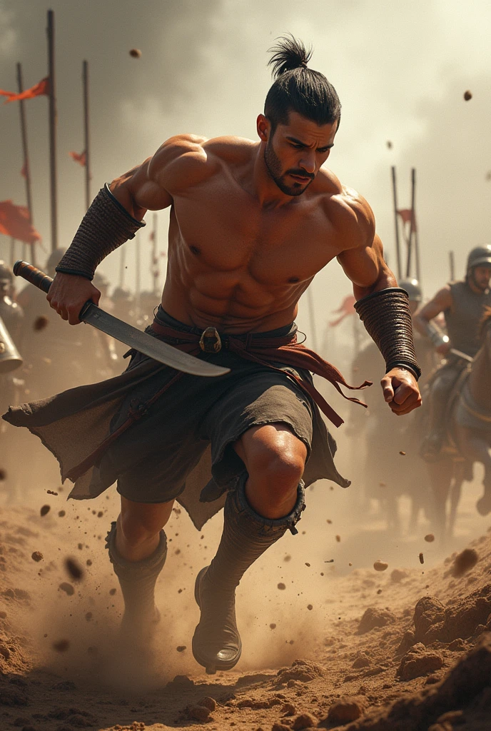 An image of a warrior in battle, The man without armor and with cinnamon skin, short hair and medium sambo and handsome and no beard. The landscape simulates an iconic battle 