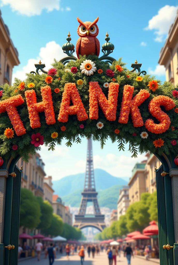 Featuring full HD high resolution images, create a text from colorful flowers with letters written on it "THANKSGIVING TOMOHON CITY" hanging on the city gate and displayed on the beautiful gate carved with an owl symbol, looks like a city atmosphere during the day which is busy and blurry, beautiful city background and green mountains and towers like the Eiffel Tower, realistic