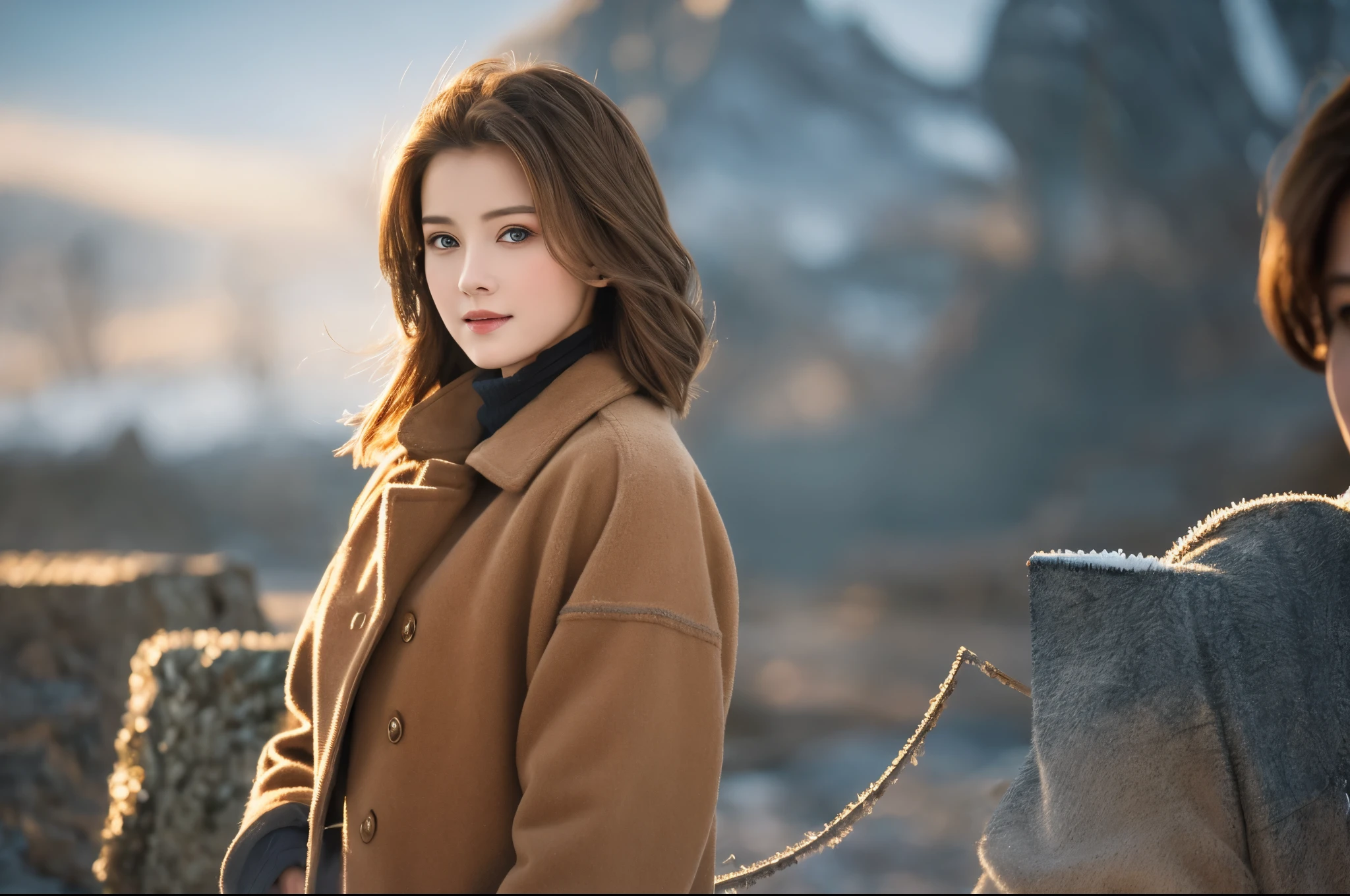 Highest quality masterpiece detailed A very pretty woman is standing in front of frost in a brown coat Photo style Fantasy