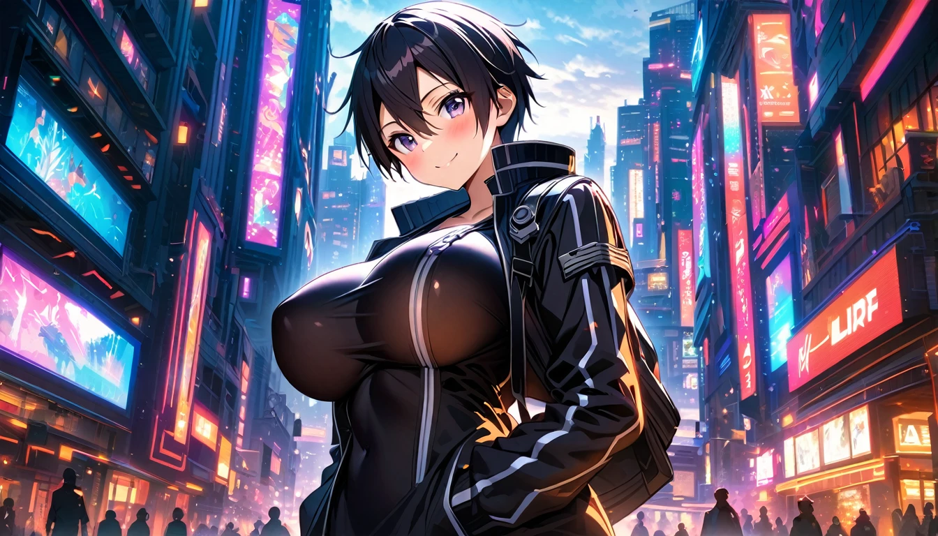 Kirito, Black Swordsman Clothing Overthrow Jacket Black Shirt, blush, Super big breasts breast enlargement Standing alone in the sci-fi city, full-body shot purple eyes looking at the camera and smiling full-body shot illustration, ultra-detailed, HDR, vibrant colors, soft lighting