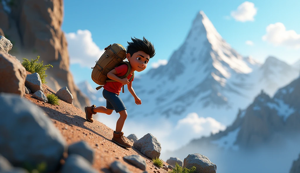 Need 3D animation style,Shyamu struggling to climb a steep, rocky path on a mountain, showing the challenging journey.**