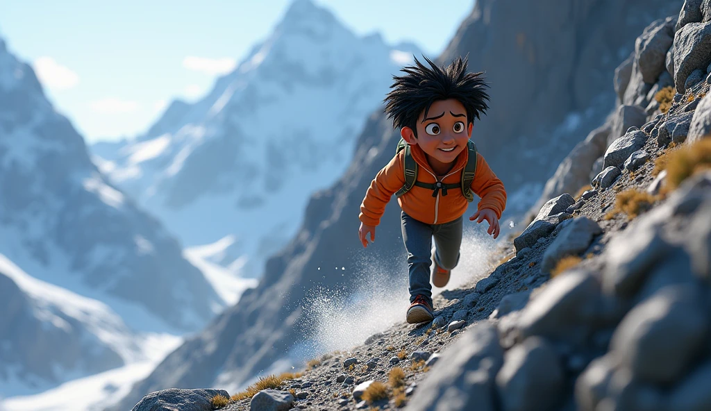 Need 3D animation style,Shyamu struggling to climb a steep, rocky path on a mountain, showing the challenging journey.**