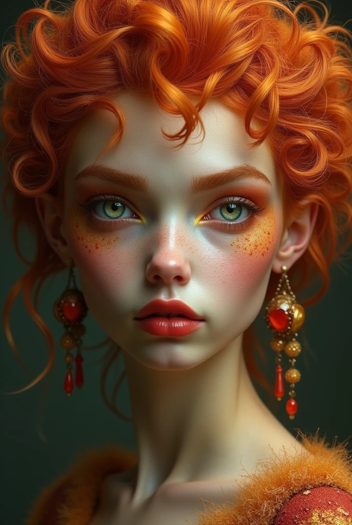red or reddish blonde hair that is usually curly, reddish skin, intense eyes that are gray or gold, or more rarely light blue. Their faces are triangular, with long foreheads and narrow chins, high cheekbones, small or upturned noses, small ears, arched eyebrows and full red lips