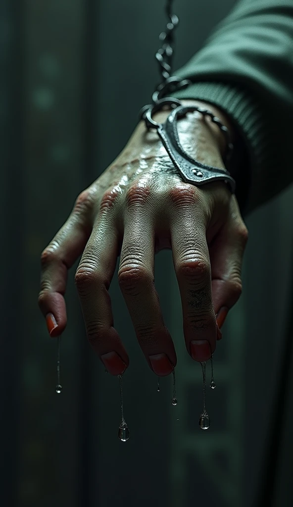 A close-up of the Hookman’s hand, with a rusted hook attached where his hand should be, dripping with water