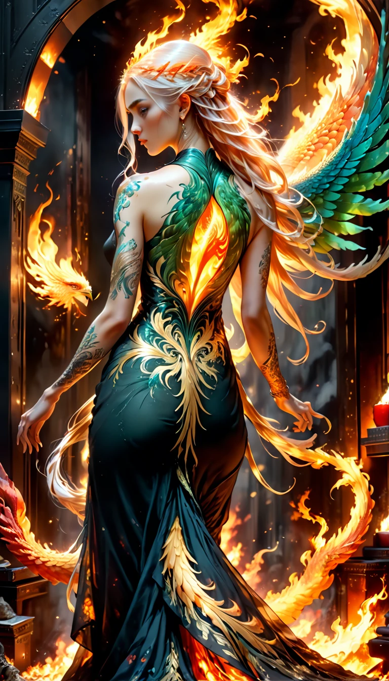 watercolor art, fantasy art, goth art, a picture of a tattoo on the back of a female elf, a glowing tattoo of a ((phoenix: 1.3)) on the elf's back, the ((phoenix tattoo)) is vivid, intricate detailed coming to life from the ink to real life, ((fire surrounds the phoenix: 1.5)), shoot taken from the back, ((the back is visible: 1.3), a most beautiful elf, exquisite beauty, small pointed ears, long hair, she wears a transparent black dress, the dress is elegant, flowing, elven style, that the tattoos glow, dynamic hair color, dynamic hair style, art by mooncryptowow
