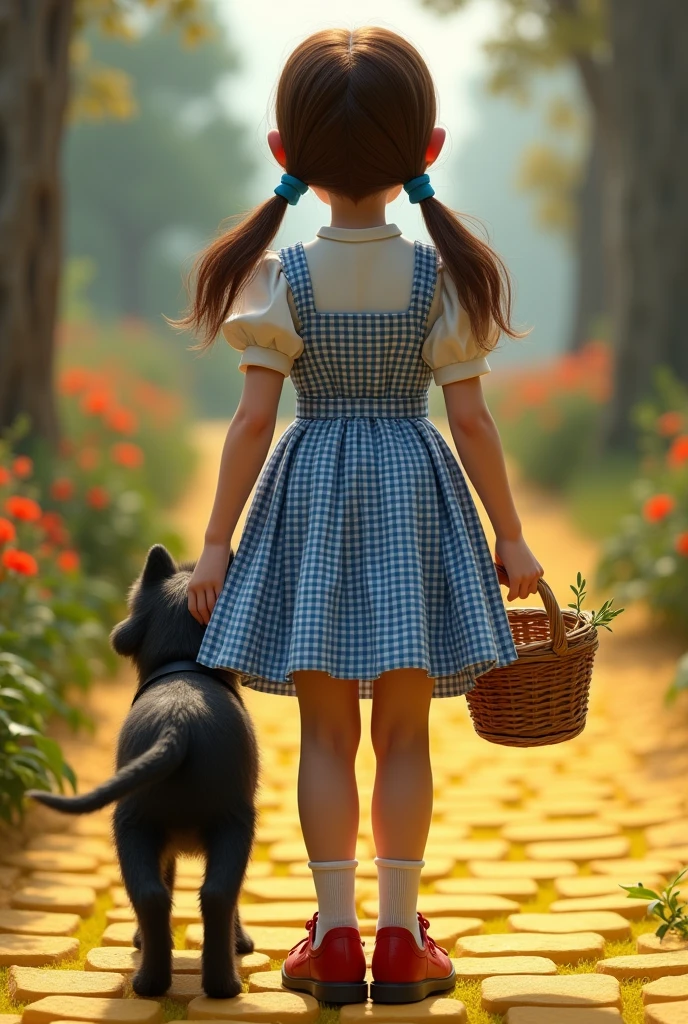 ((masterpiece)), ((best quality)), Dorothy Gale, strap ruby shoes on feet, carrying a basket, small black dog, yellow brick road, perfect detailed eyes, perfect detailed face, ultra-detailed nose, charming, perfect face, dimple on cheek, depth of field, high resolution, ((real skin texture)), (well-proportioned hands), blue and white checked gingham dress, teenager (back view))