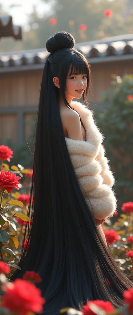 Cute Japanese girl,((full body shot from hair to feet)), ((naked)),(NSFW),with a very large hair bun, the size of the bun is 7 times the size of her head, very large traditional Javanese hair bun, circular bun, shiny black hair, about 8 meters long hair, length knee hair,very shiny hair, loose hair filling the entire ground, the ground is full of her long hair , ((both hands hold long hair)), ((gigantic breast)), large breast,shaggy ,on back yard atmosphere,red rose plant around, laughing,(looking back over shoulder) ,, ((straight hair)),wear white mink fur coat, Thickness 100 cm, fluffy, Thick white mink fur collar, winter background , , bright sunlight from side,