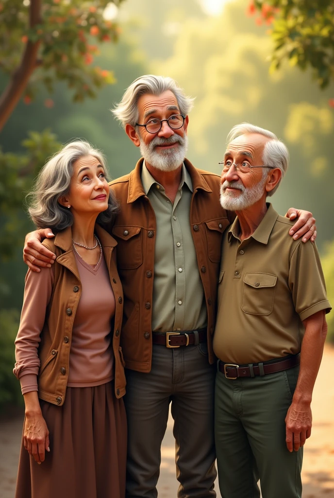 A 2 men stands with his hand on his father and mather shoulder realistic image