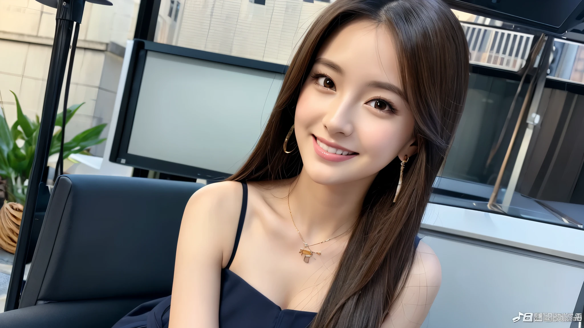 one person、female newscaster、young、beautiful、Female announcer、Shaped face contour、Long Hair、Brown Hair、Fine iris、Elegant、Sexy face、Glowing Skin、Juicy lips、An open, seductive smile、Thick eyelasheodel Body Type、Earrings、black stockings、blush、suit、Tight mini skirt、Perfect lighting、Perfect Shadow、Perfect Anatomy(((masterpiece))), ((highest quality)), ((Super detailed)), (CG illustration), (Very wicked and beautiful)), (Cute Desktop Face),キャスター
