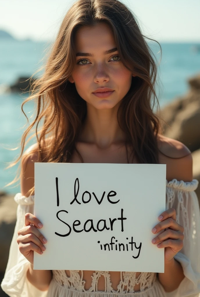 Beautiful girl with wavy long hair, bohemian dress, holding a white board with text "I Love Seaart Infinity" and showing it to the viewer