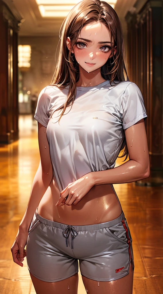 ((perfect anatomy:1.2,realistic,:1.3,RAW Photography:1.3,masterpiece、highest quality、Ultra - High resolution、High resolution、Highly detailed CG、8K)),cowboy shot,1 female,solo,20 year old beauty,((beautiful detailed face and eyes,big and gorgeous eyes)), brown eyes,smile,(brown hair,long hair,forehead,center parted hair:1.2、straight hair),(medium breasts,slender body,small head:1.3,skinny,tan skin,gleaming skin,oily skin,shiny skin,sweat:1.4),(light gray t-shirt,light gray sweatshorts,),dancing,Practicing dance、Turn your body to the viewer、gymnasium hall,