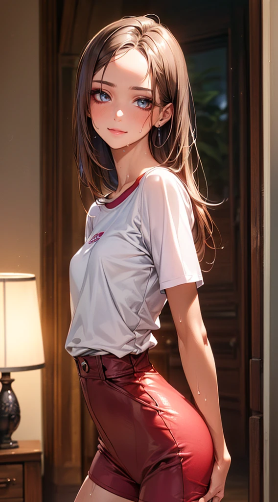 ((perfect anatomy:1.2,realistic,:1.3,RAW Photography:1.3,masterpiece、highest quality、Ultra - High resolution、High resolution、Highly detailed CG、8K)),cowboy shot,1 female,solo,20 year old beauty,((beautiful detailed face and eyes,big and gorgeous eyes)), brown eyes,smile,(brown hair,long hair,forehead,center parted hair:1.2、straight hair),(medium breasts,slender body,small head:1.3,skinny,tan skin,gleaming skin,oily skin,shiny skin,sweat:1.4),(light gray t-shirt,light gray sweatshorts,),dancing,Practicing dance、Turn your body to the viewer、gymnasium hall,