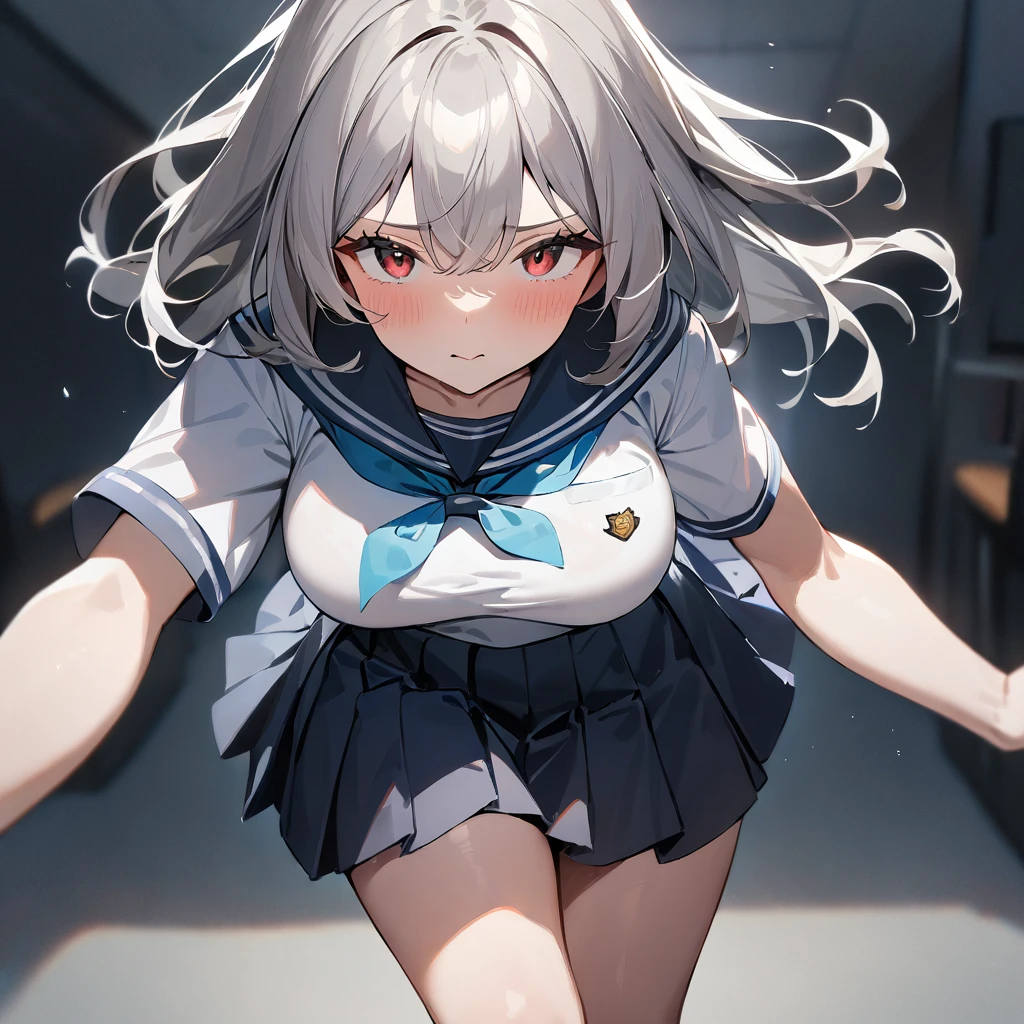 (1girl),medium hair,sailor shirt,(School Uniform:1.3),sailor skirt,gray hair,black eyes,red eyes,big breast,breasts,masterpiece, best quality, very aesthetic, absurdres,front View,(straight-on),light hair,dynamic angles,(masterpiece, best quality, very aesthetic, absurdres