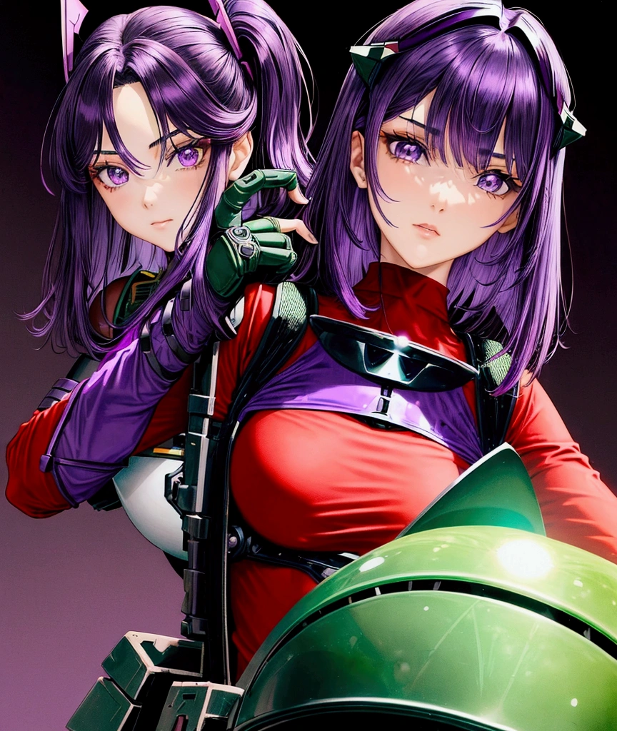(a beautiful and cool girl),(medium hair), (straight hair), (purple hair), (body suit), (red shirt), (black breastplate), (dark green shoulder reinforcement), (ace pilot), (purple eyes),(science fiction)