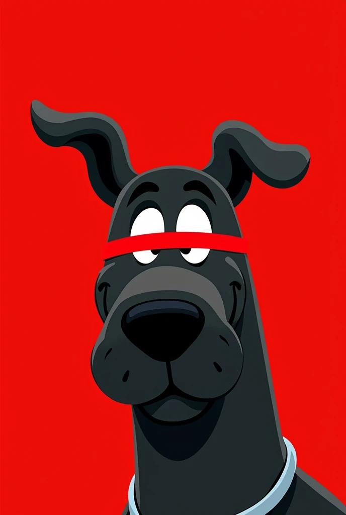 A stylized Art vectoriel portrait of Scooby Doo with a black and white face, partiellement obscurci par une bande rouge audacieuse sur ses yeux et sa bouche. L'arrière-plan est rouge uni. La figure semble solennelle, Art vectoriel, symmetrical
