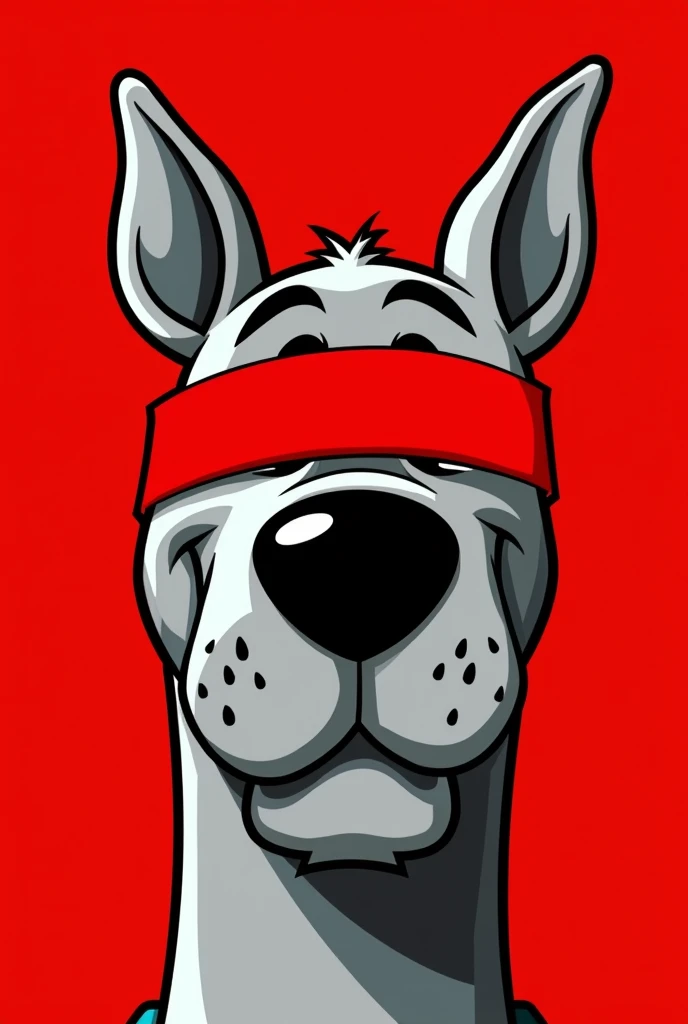 A stylized Art vectoriel portrait of Scooby Doo with a black and white face, partiellement obscurci par une bande rouge audacieuse sur ses yeux et sa bouche. L'arrière-plan est rouge uni. La figure semble solennelle, Art vectoriel, symmetrical