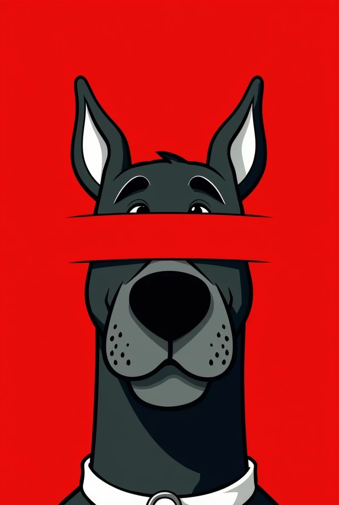 A stylized Art vectoriel portrait of Scooby Doo with a black and white face, partiellement obscurci par une bande rouge audacieuse sur ses yeux et sa bouche. L'arrière-plan est rouge uni. La figure semble solennelle, Art vectoriel, symmetrical