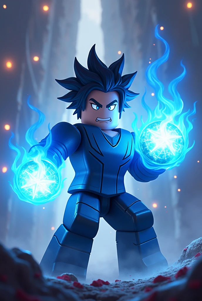 I'm going to create a game called Jujutsu Legacy. The Empire has how you can make a strong character with blue fire fists in his hands that is beautiful and eye-catching for people to enter my game. The name of the game has to be on the cover. Also, put the name of the game on the cover. The name of the game is Jujutsu Legacy. The Empire has how you can put a man in the image. Put him in Roblox style. Make him more beautiful, more powerful, stronger, with more eye-catching fists so he can be flying. Have a very beautiful background.
