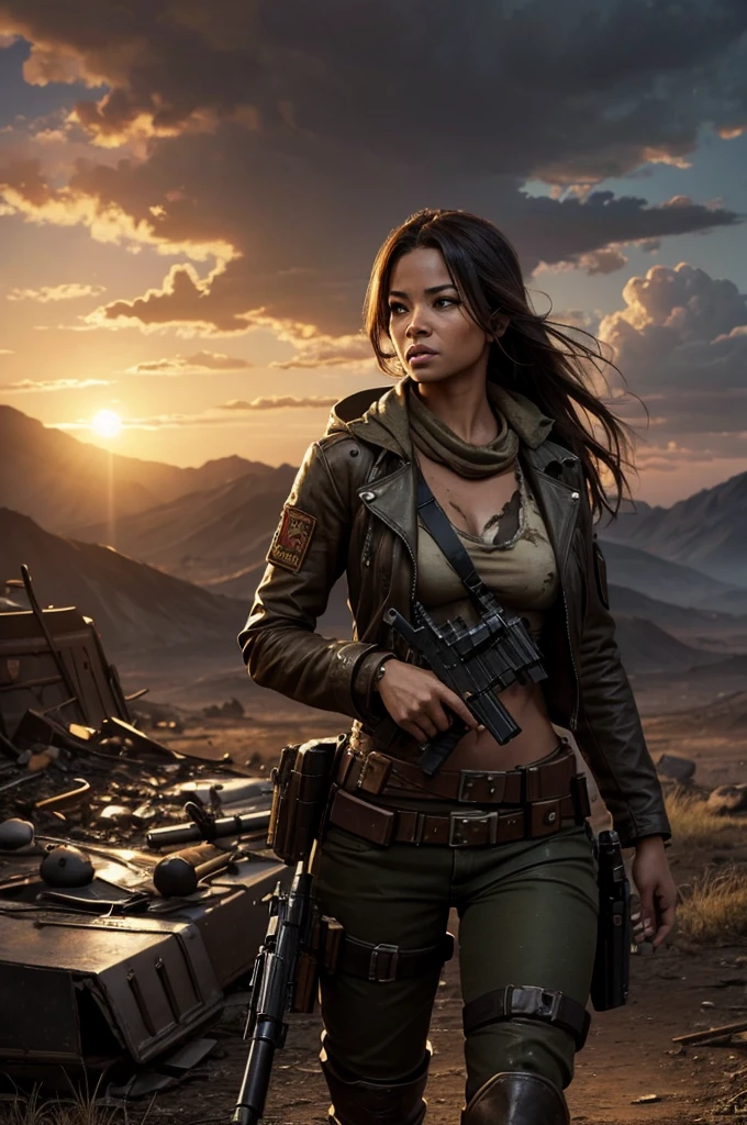 an attractive woman [gunslinger:bounty hunter:0.4] standing in a apocalyptic wilderness