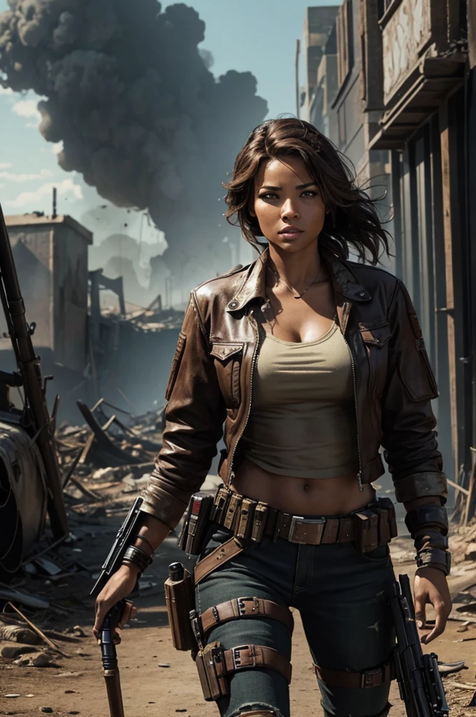an attractive woman [gunslinger:bounty hunter:0.4] standing in a apocalyptic wilderness
