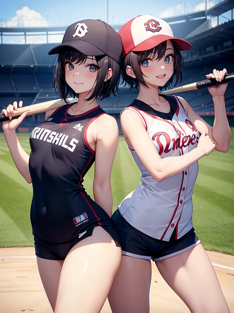 (masterpiece), best quality, expressive eyes, perfect face,2girls, holding_baseball_bat, baseball_uniform, baseball stadium,smile, very short_shorts, (sleeveless), (wide_hips:1.2), short_hair, spread_legs, 