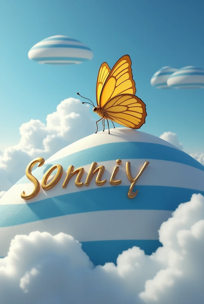 I want a realistic image of a yellow striped butterfly resting on a cloud covered with the Portuguese flag and on this cloud the first name Sonny well inked. I want the first names “Fanny Julian Lya” all around the cloud, I want the whole image to be realistic, I want a pretty background behind it