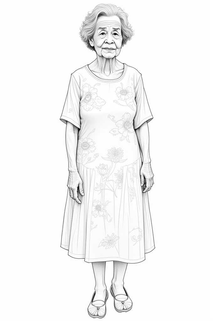 line art of an old woman wearing a floral dress and simple slip ons