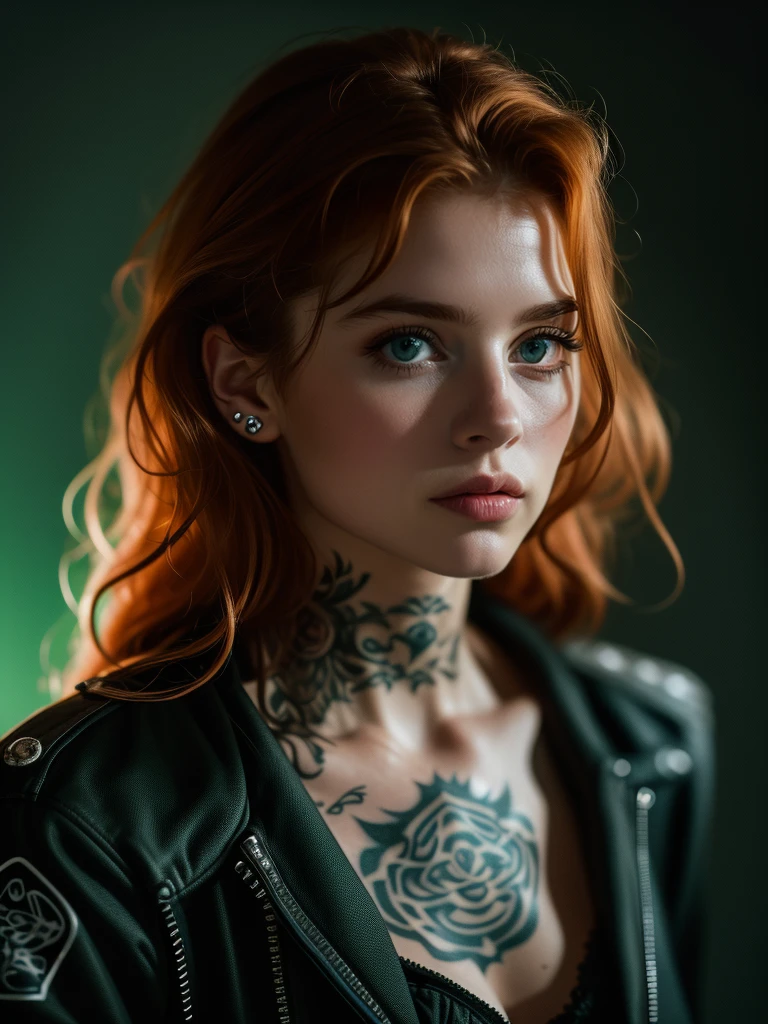 muito detalhado, 16K high resolution, incredibly detailed image, filmic, best quality, masterpiece, realisti, detailed face, detail-ful background, dramatic lighing, Girl, 25 years, alone, beautiful natural ginger red hair, Fell, straggly and messy wavy hair. Extremely detailed facial expressions with sharp and piercing green eyes. A delicate, slightly cheeky face, discreetly made up. ((She is tattooed and pierced.)), She has (Very small breasts) and a slim figure, in good shape. She is wearing motorcycle gear and has a full-face helmet in her hand.