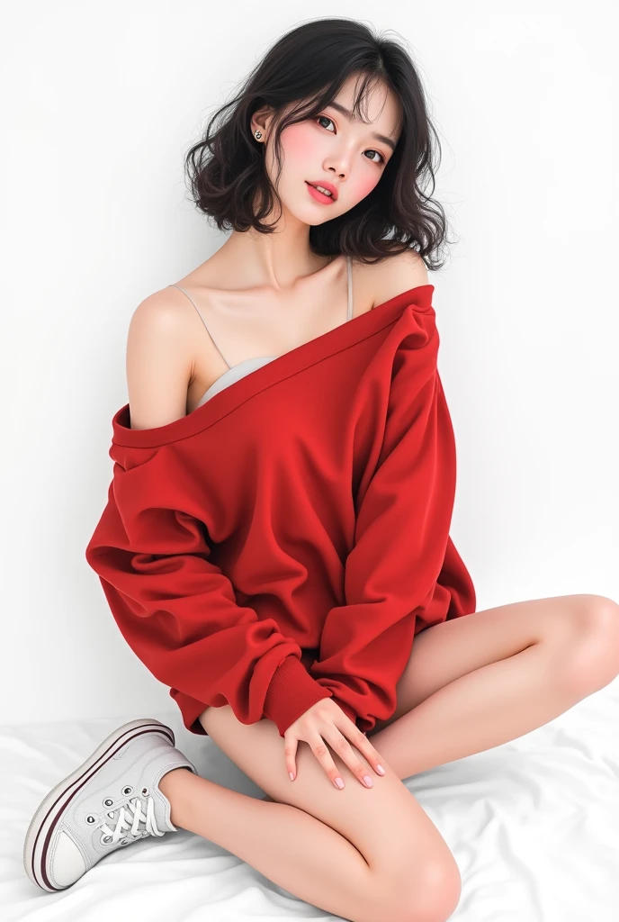 1 korea girls, Sweatpants red, boobs, breast, white shoes