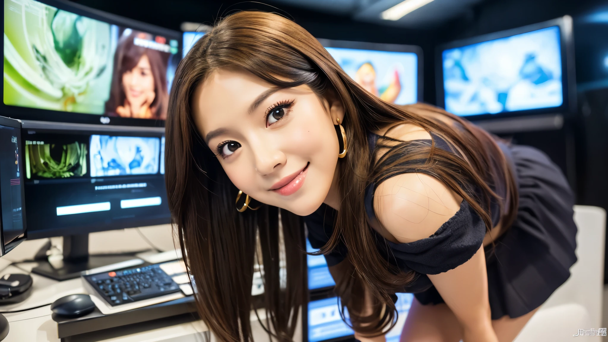 one person、female newscaster、young、beautiful、Female announcer、Shaped face contour、Long Hair、Brown Hair、Fine iris、Elegant、Sexy face、Glowing Skin、Juicy lips、An open, seductive smile、Thick eyelasheodel Body Type、Earrings、black stockings、blush、suit、Tight mini skirt、Perfect lighting、Perfect Shadow、Perfect ???????(((masterpiece))), ((highest quality)), ((Super detailed)), (CG illustration), (Very wicked and beautiful)), (Cute Desktop Face),キャスター