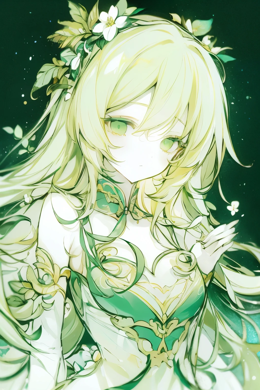 Draw on chest, Honey, (1 girl), ((solitary)), ((solitary)), charming, White skin, By Bangs, Blonde short hair, Green Eyes, Hair accessories, Very long hair, flowering, Shine beautiful light, Flowing long hair, Green headband,Gloves，Eyeshadow,dress), masterpiece, high quality
