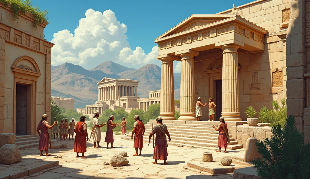 Illustrate the interaction between the (((Minoan Civilization and Mycenaean culture2))), with [artistic and architectural2] elements being adapted. Show (((Mycenaean artists reproducing frescoes and building temples1.5))) inspired by Minoan architecture, symbolizing cultural exchange and lasting influence.