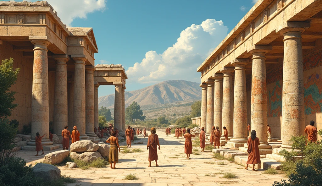 Illustrate the interaction between the (((Minoan Civilization and Mycenaean culture2))), with [artistic and architectural2] elements being adapted. Show (((Mycenaean artists reproducing frescoes and building temples1.5))) inspired by Minoan architecture, symbolizing cultural exchange and lasting influence.