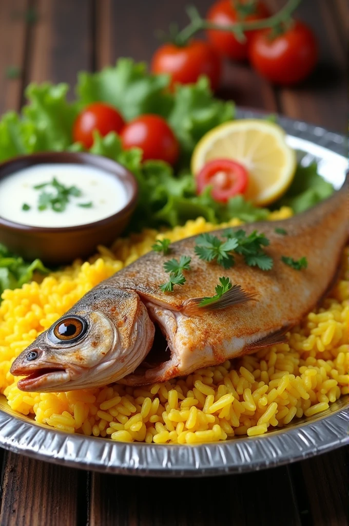Fry whole fish with yellow rice and salad and white chili sauce and slice of lemon on aluminum plat local restaurant 