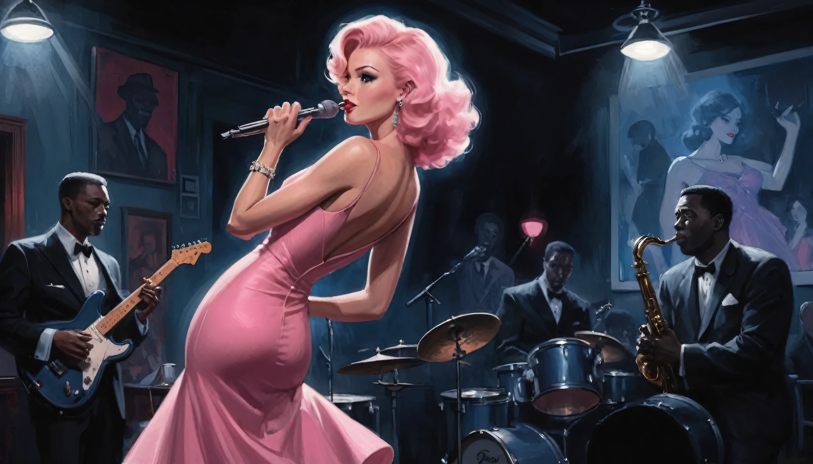 alabama bar, blue note, charismatic, baterist, guitarist, saxophonist, jazz band, pink dress, illustration, noir fantasy, singer lady,