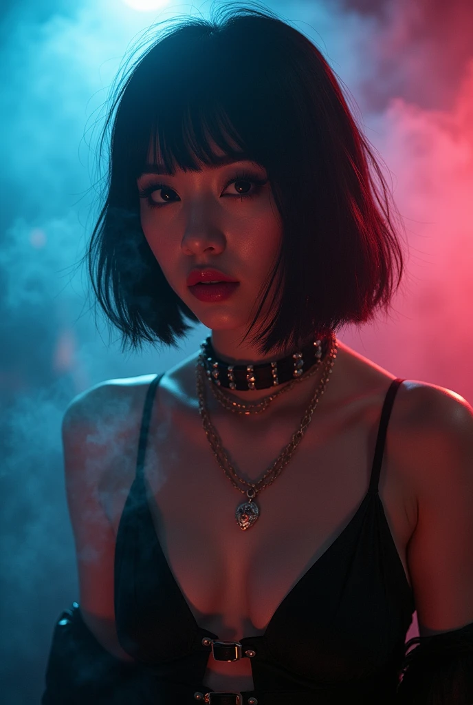 A cleavage big enough to hold a penis、Japanese women、Alice Hirose、Female vocalist with short bob hair、Metal Band、Solo artist、live house、Lots of stage smoke、Bright lighting、Thick eyelashes、Extensions、Smoking、