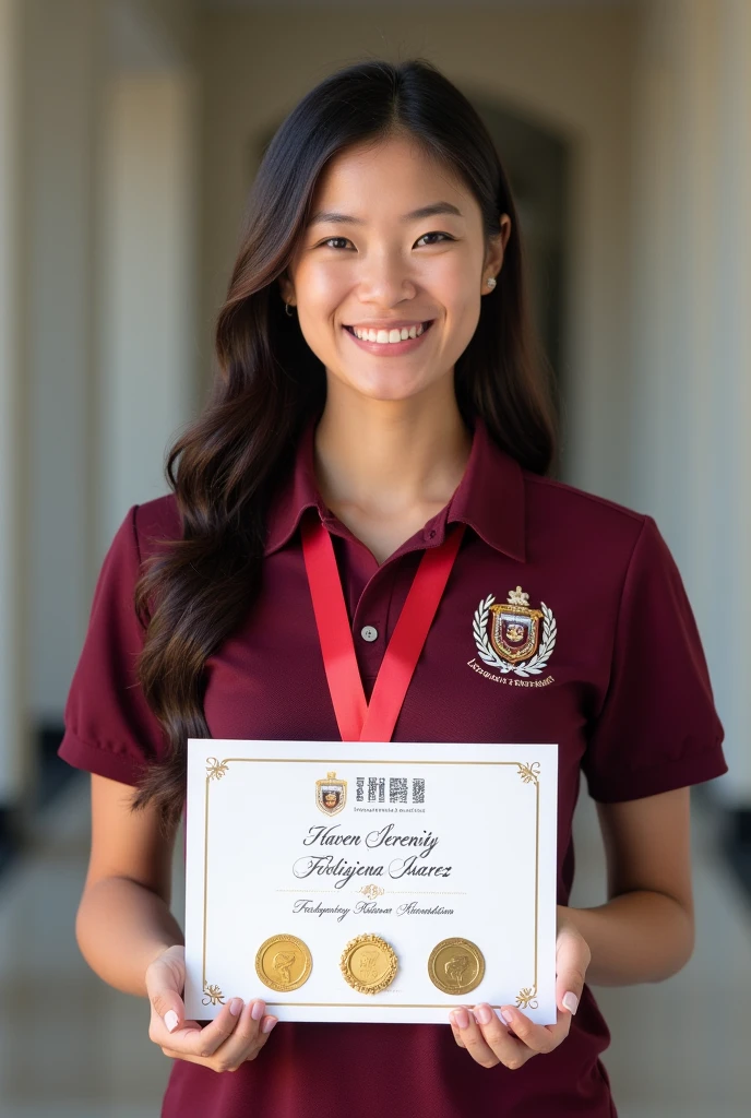 "A pretty lady wearing a maroon polo uniform with 'Enderun International College' on it is holding a certificate that reads 'President's List Awardee.' With her name Haven Serenity Felizeiana Suarez. She is also wearing three medals and smiling at the camera."